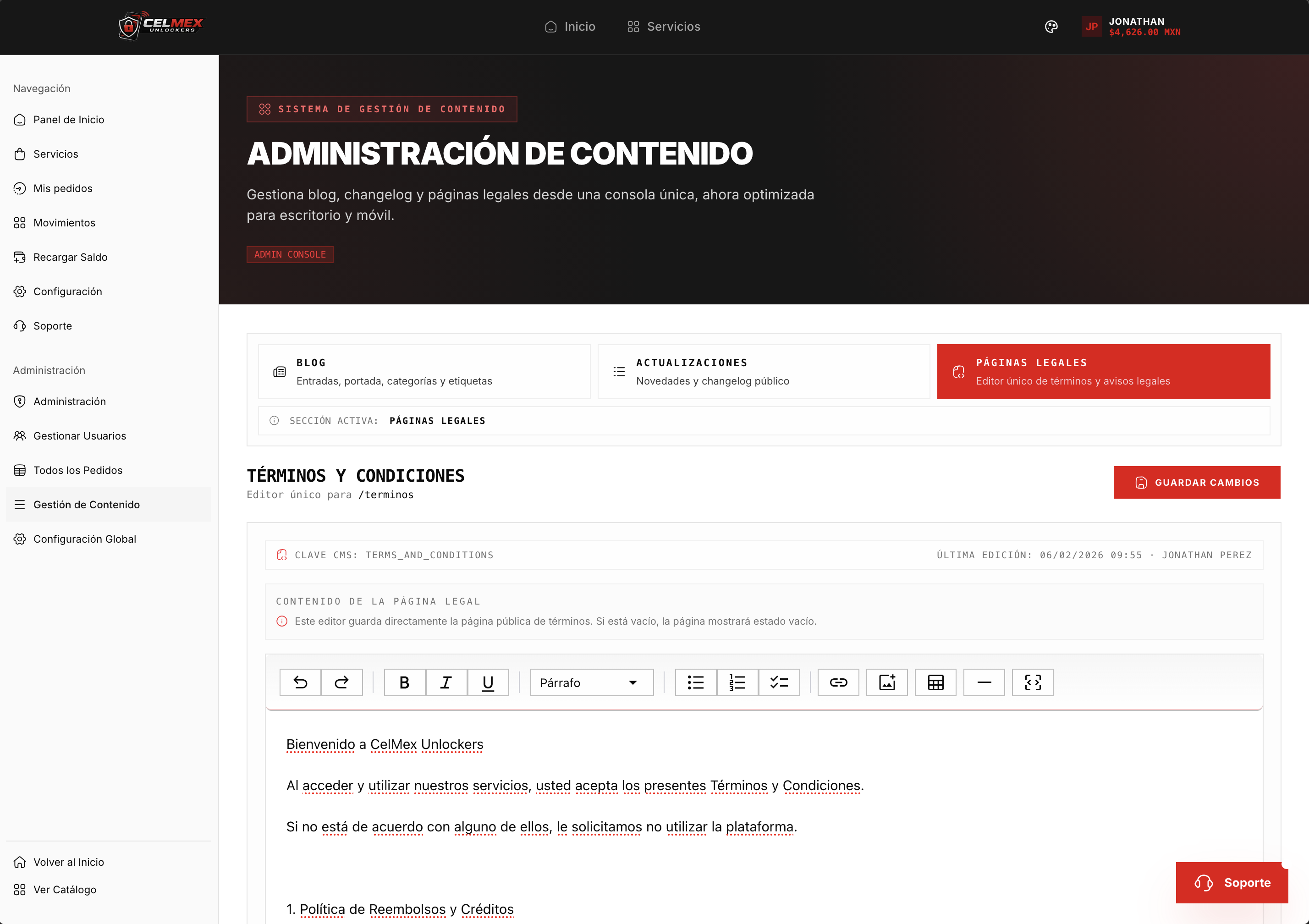 Panel administrativo