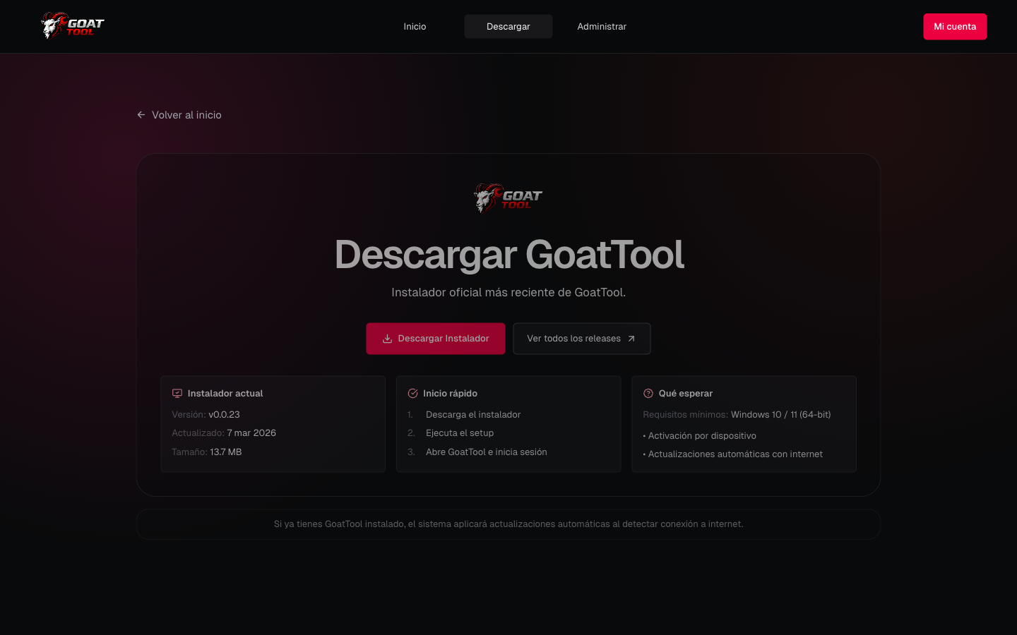 Descarga centralizada del instalador con flujo preparado para updates automáticos
