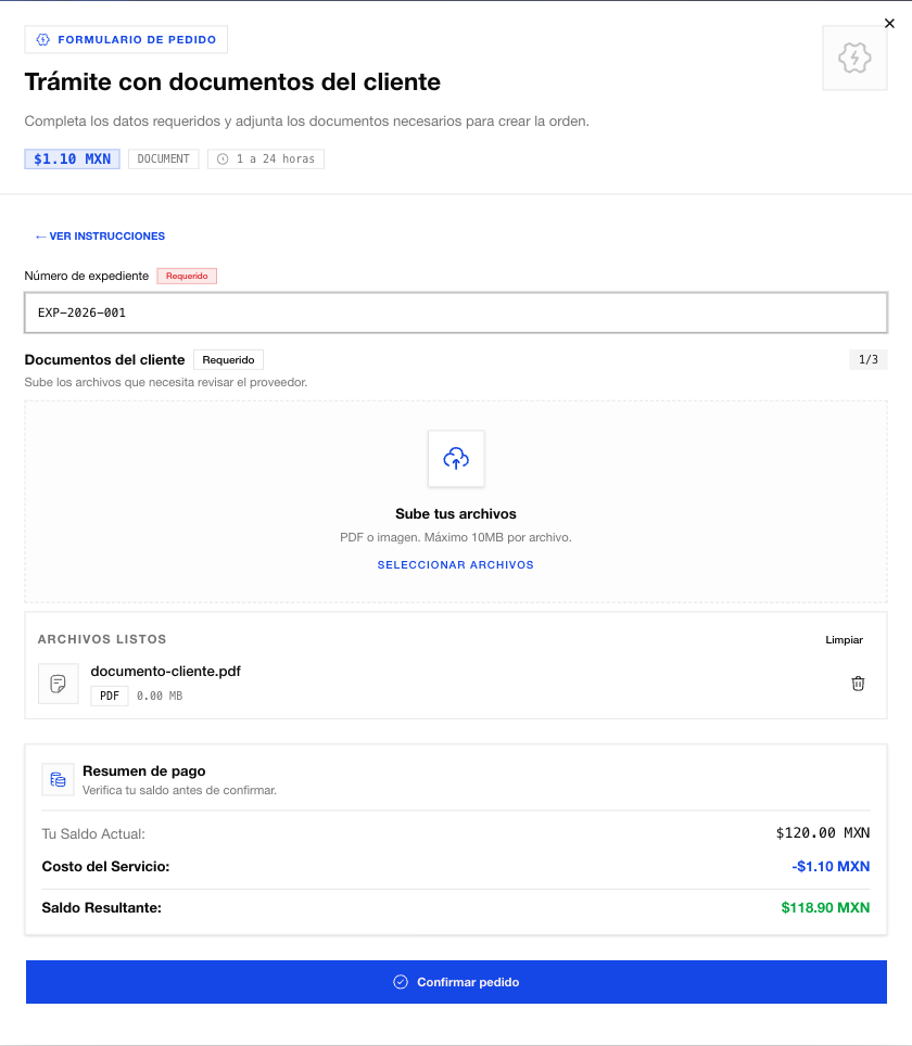 Confirmación de requisitos, saldo y datos antes de crear el pedido