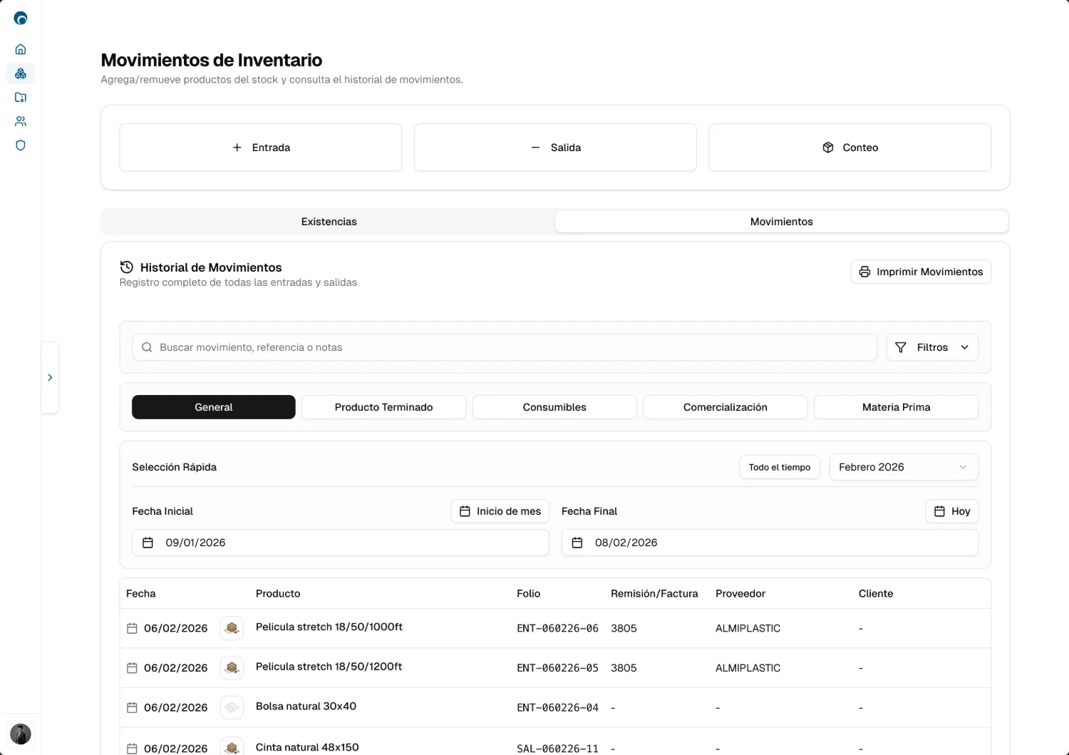 Captura real de Polymer · Inventario